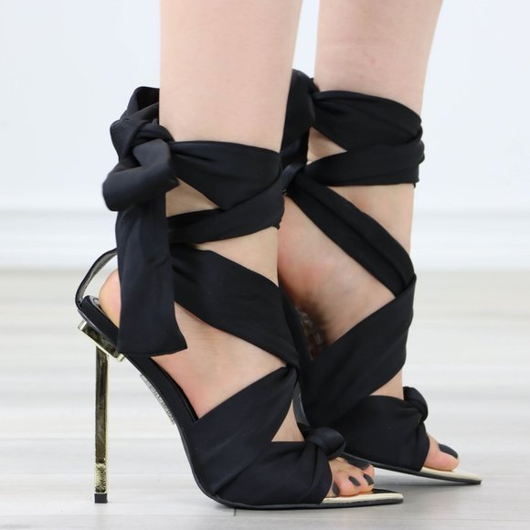 Black Open pointed Toe High Heel Ankle Strap Fabric Gold Needle Heel - Picture 3 of 12